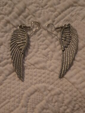 Textured Silver Angel Wing Drop Earrings